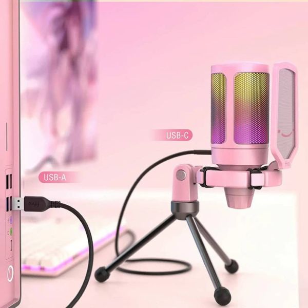 Micrófono Fifine A6V RGB USB - Rosa