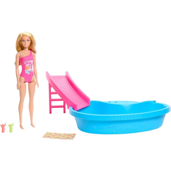 Muñeca Mattel Barbie (HRJ74) con Alberca Glam - 6 piezas
