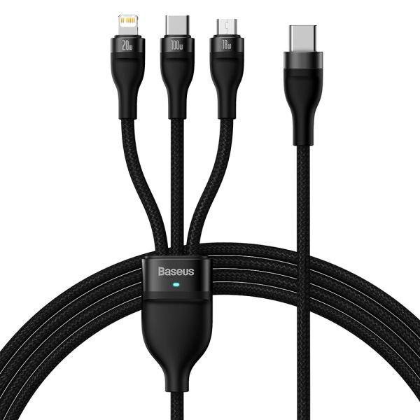 Cable 3 en 1 Baseus CASS030201 USB-C/USB-C + Lightning + Micro USB Flash 100 W - Black 1.5 metros
